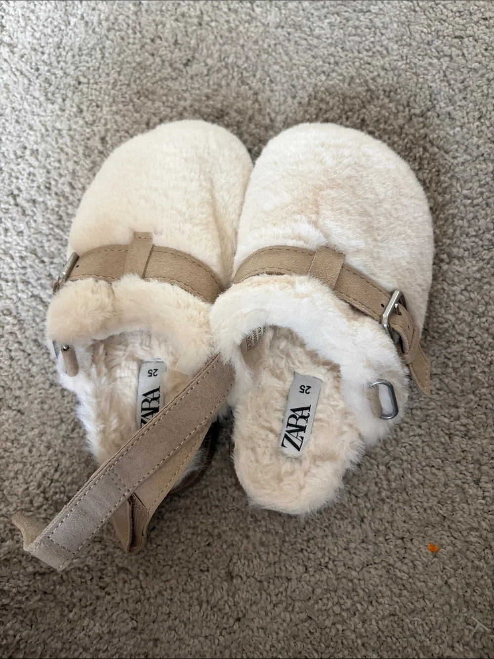 ZARA Kids Cream Faux-Fur Buckle Slippers